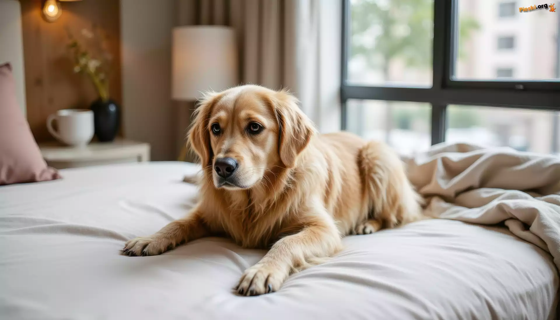 Okno, Łóżko, Pies, Golden retriever